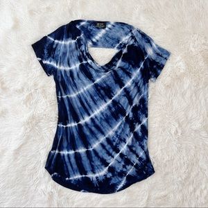 Tryst blue tie dye drape neck cut out back tee shirt Sz L